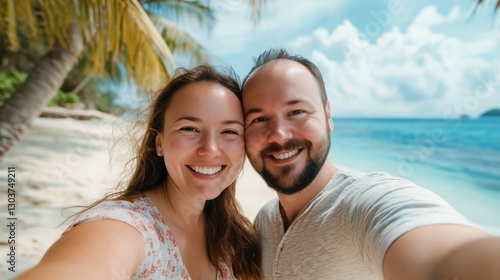 Wallpaper Mural Happy European Couple Taking a Selfie on the Sandy Beach of Koh Samui, Thailand - Tropical Vacation and Romantic Getaway Torontodigital.ca