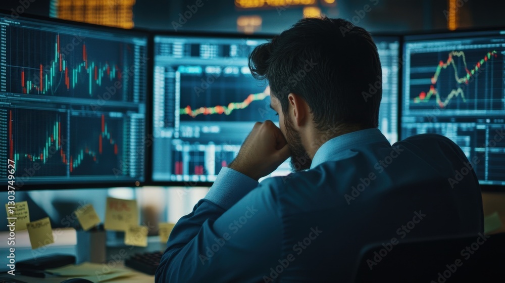 Financial analyst works late into the night, analyzing charts and graphs on multiple computer screens, making important investment decisions in a dimly lit office Financial analyst works late into the night, analyzing charts and graphs on multiple computer screens, making important investment decisions in a dimly lit office