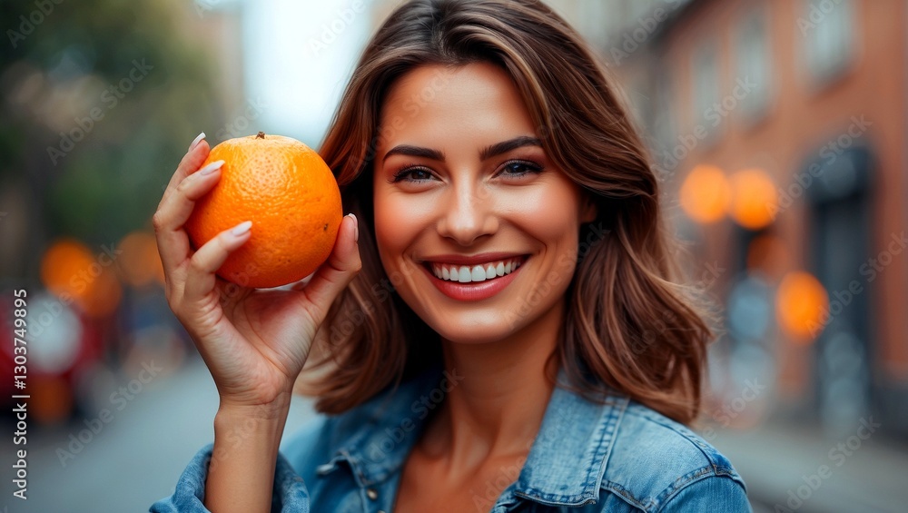 A joyful woman embracing happiness with an orange A joyful woman embracing happiness with an orange