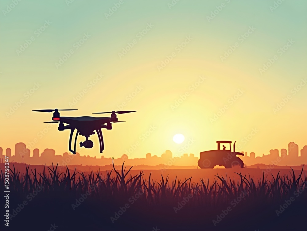 Drone Technology in Modern Farming Silhouette Illustration Drone Technology in Modern Farming Silhouette Illustration