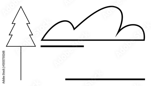 Evergreen tree beside curved clouds and horizontal lines representing a calm natural horizon. Ideal for nature, simplicity, environment, minimalism, serenity, outdoors, flat design metaphor