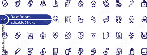 Simple Set of Rest Room Related Vector Line Icons. Contains such Icons as Family WC, Do not throw sign, Water tap and more. Editable Stroke. 