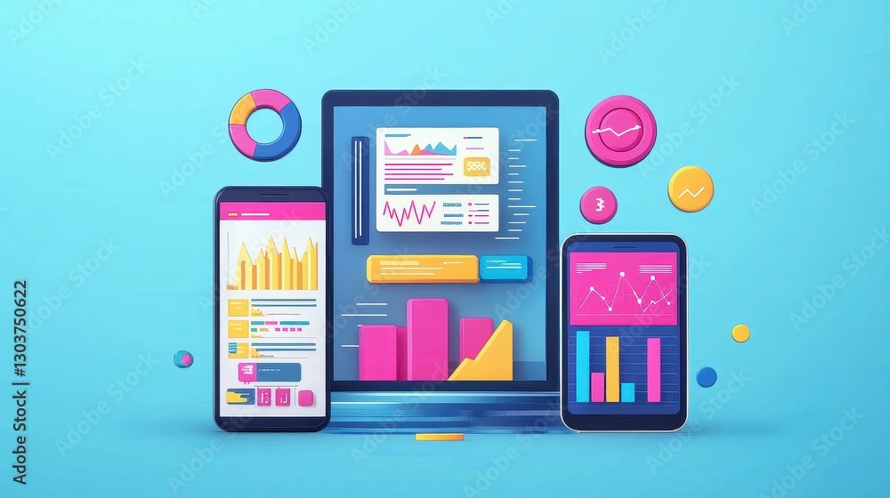 Marketing analysis with digital charts and graphs flat design front view technology theme animation vivid.