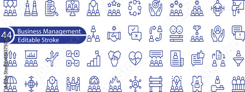 Business Management editable stroke outline Icons set. Business, teamwork, management, leadership, governance, marketing, planning and training. Vector