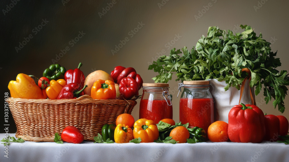 Fresh vegetables and herbs in basket with jars of sauce, vibrant colors Fresh vegetables and herbs in basket with jars of sauce, vibrant colors
