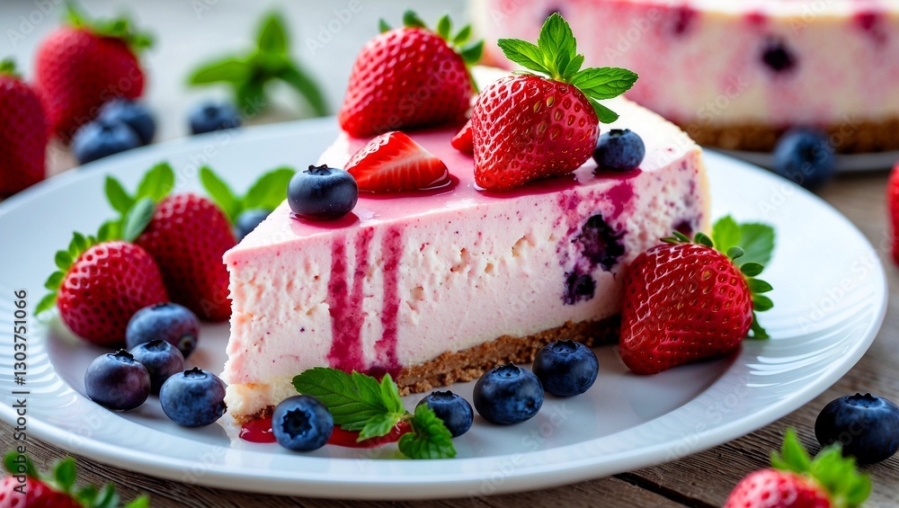 Delicious strawberry cheesecake with blueberries and mint Delicious strawberry cheesecake with blueberries and mint