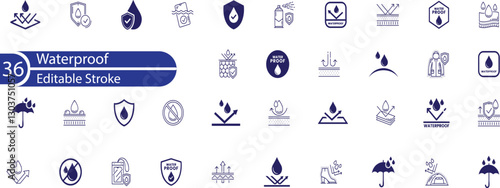 Waterproof icons. Water Proof. Collection of water resistant signs. Water protection, liquid proof protection. Shield with water drop. Anti wetting material, hydrophobic fabric, surface protection