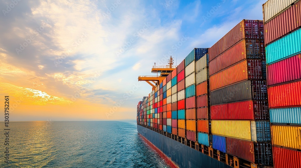 Fototapeta premium Side view of a massive container vessel fully loaded with multicolored cargo containers, sailing under a bright sky, highlighting the importance of maritime shipping in the global economy. 