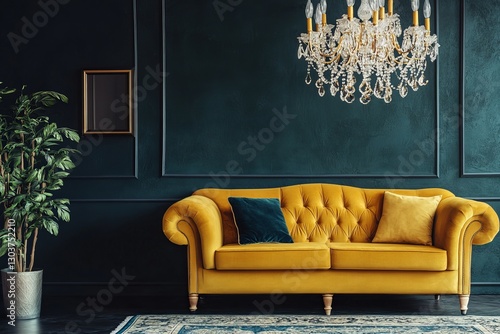 Elegant Yellow Velvet Sofa Interior Design Luxury Home Decor Teal Walls Crystal Chandelier Modern Living Room Apartment Stylish Comfortable Furniture 