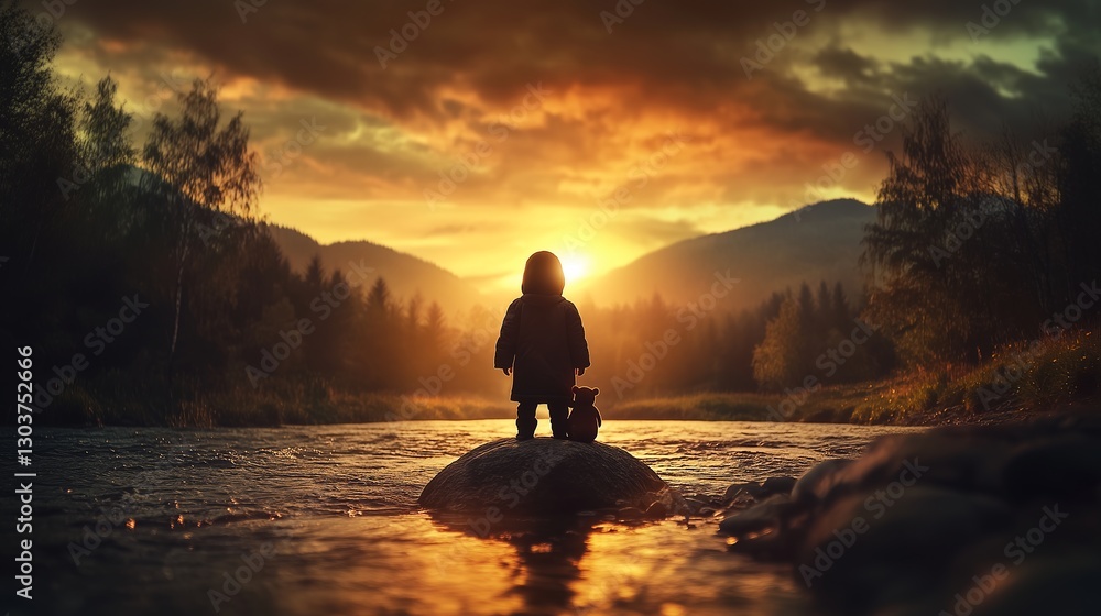 Lonely child standing outdoors with bear and looking into the distance. Where does childhood go, concept.