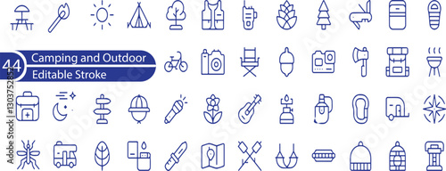 Camping and Outdoor editable stroke outline Icons set. Map, tourism, camping, hiking, direction, bonfire, backpack, binoculars, tent and caravan.