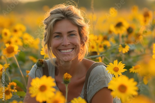 A smiling Caucasian woman with blonde hair surrounded by vibrant sunflowers, exuding joy in a golden-lit field.