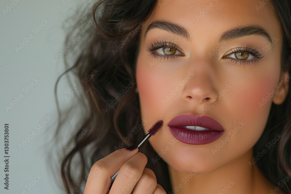 A beautiful woman with wavy hair applying a deep plum lipstick, showcasing a flawless makeup look. A beautiful woman with wavy hair applying a deep plum lipstick, showcasing a flawless makeup look.