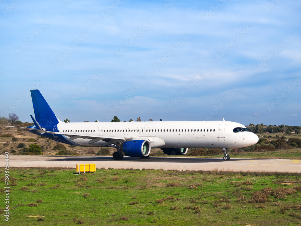 White and blue passenger aircraft on runway with grassy field and blue sky in background White and blue passenger aircraft on runway with grassy field and blue sky in background