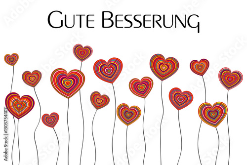 Gute Besserung - Schriftzug in deutscher Sprache. Genesungskarte mit bunten Herzblumen.