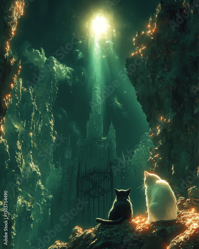 Enchanting Fantasy Cats at Mystical Fortress: Mesmerizing Vector Art of Black and White Cats with Glowing Light, Majestic Castle, and Dramatic Cliffs at Night