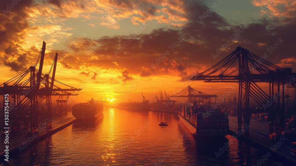 Obraz premium Sunset over a bustling container port, with large cargo ships docked and cranes unloading containers, illustrating the dynamic nature of international trade, logistics, and economic growth. 