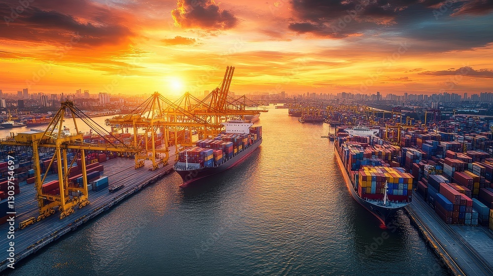 Fototapeta premium Sunset over a bustling container port, with large cargo ships docked and cranes unloading containers, illustrating the dynamic nature of international trade, logistics, and economic growth.