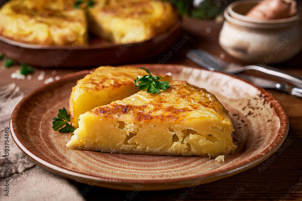 Tortilla española de patatas, gruesa y jugosa, cortada en porciones para mostrar su interior tierno. Tortilla española de patatas, gruesa y jugosa, cortada en porciones para mostrar su interior tierno.