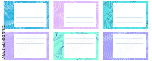 Set of colored notebook name stickers with abstract lines. Vector illustration for school supplies. Labels.
