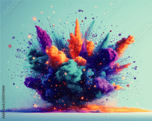 Vibrant Abstract Explosion of Colorful Clouds and Stars on Blue Background | Dynamic Vector Art Illustrating Creativity and Energy in Digital Artwork