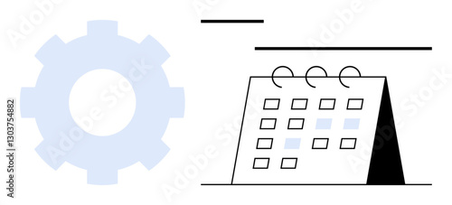 Blue gear beside a standing calendar showcasing organized planning and process optimization. Ideal for time management, task scheduling, productivity, teamwork, workflow, efficiency, flat simple