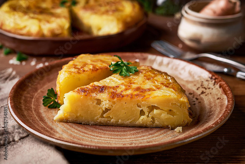 Tortilla española de patatas, gruesa y jugosa, cortada en porciones para mostrar su interior tierno.