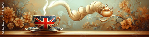 Elegant Vector Art of Union Jack Teacup with Vintage Floral Background and Swirling Teapot Steam for British Culture and Tea Enthusiasts