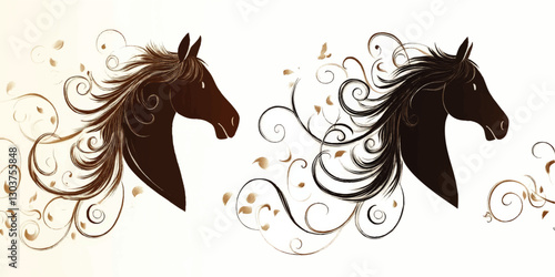 Elegant Horse Vector Art with Flowing Manes and Swirling Leaves – Stunning Decorative Illustration for Wall Art, Posters, and Sophisticated Designs