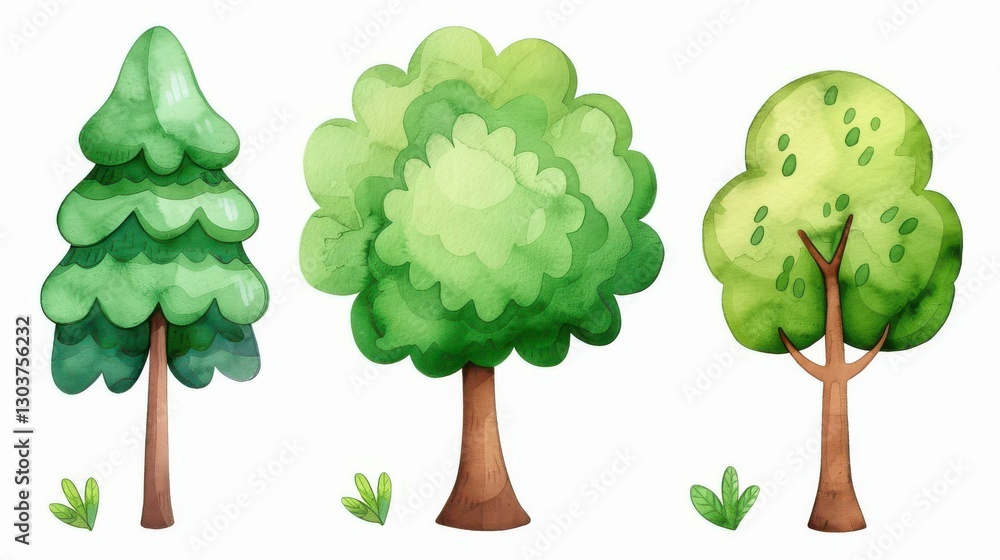 Fototapeta premium Delightful watercolor art captures springtime trees, perfect for kids decor and storytelling, with vibrant colors and handdrawn charm.