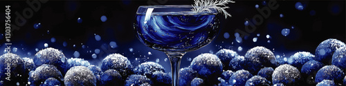 Elegant Blueberry Cocktail with Frosted Berries in Crystal Glass on a Frosty Blue Background - Perfect Aesthetic for Cocktail Lovers and Winter Parties