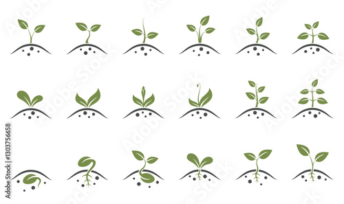 Plant sprout icon set. Planting, farming and seedling symbols. Isolated vector illustrations