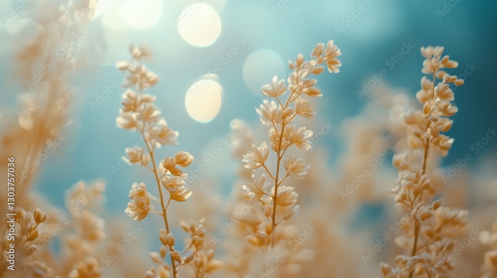Delicate flowering plants and soft blurred lights against a blue background Delicate flowering plants and soft blurred lights against a blue background