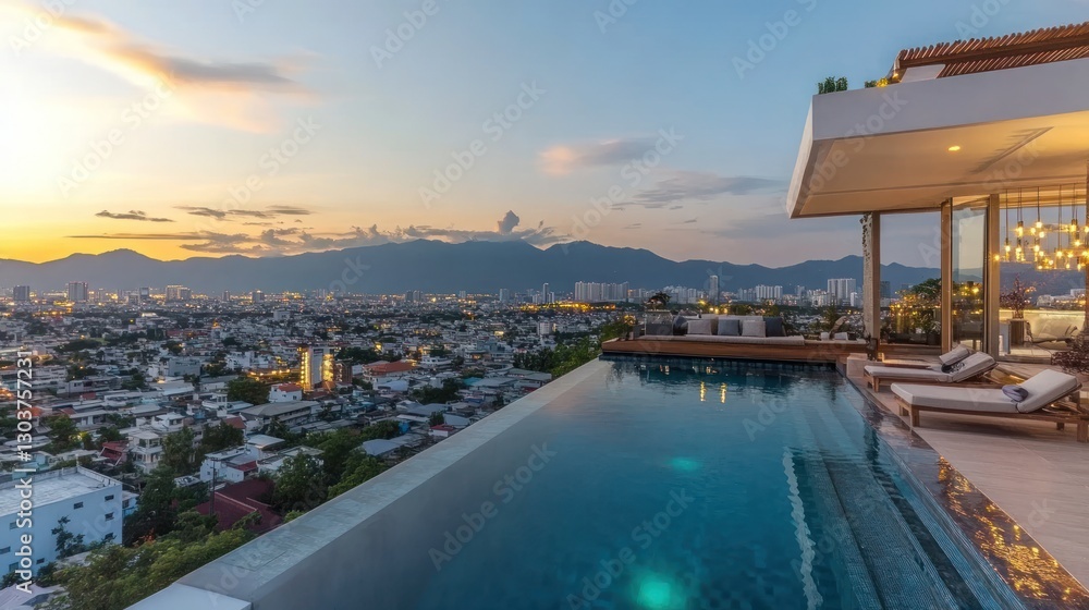 Luxury Infinity Pool Overlooking Cityscape at Sunset Luxury Infinity Pool Overlooking Cityscape at Sunset