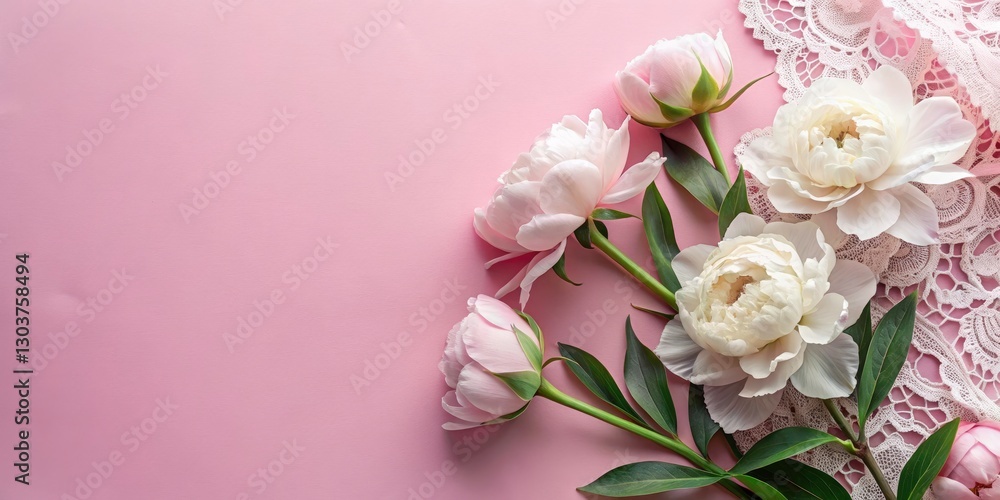 Elegant Silhouette of White Lace Floral Pattern on Pink Background with Top View of Mixed Peonies Bouquet in Flat Lay Style Elegant Silhouette of White Lace Floral Pattern on Pink Background with Top View of Mixed Peonies Bouquet in Flat Lay Style