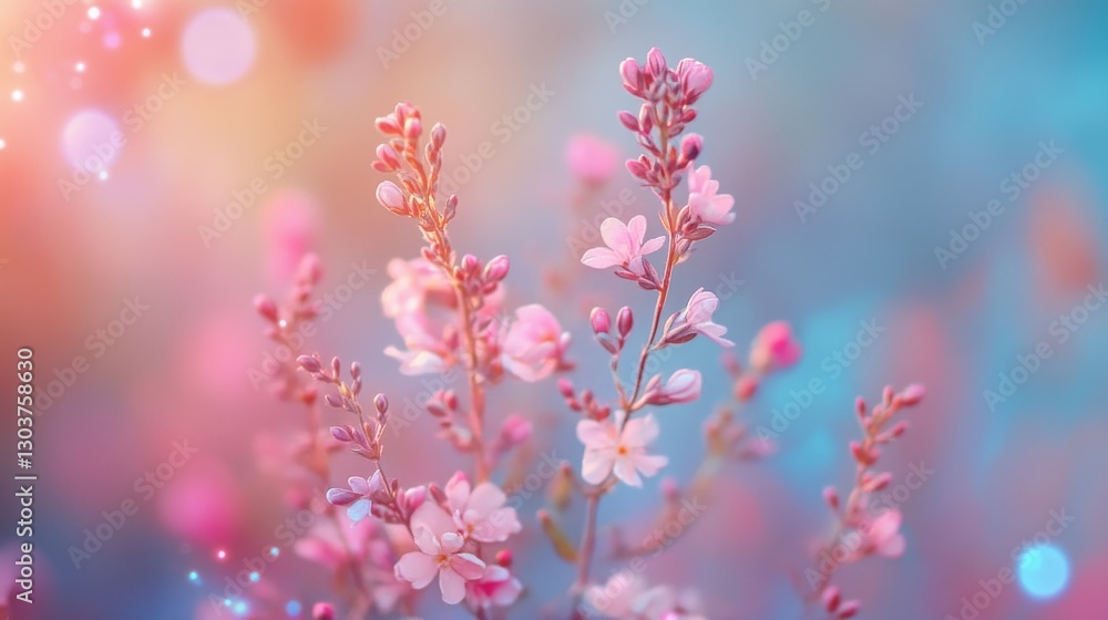 Delicate pink wildflowers bloom against a blurred colorful background Delicate pink wildflowers bloom against a blurred colorful background