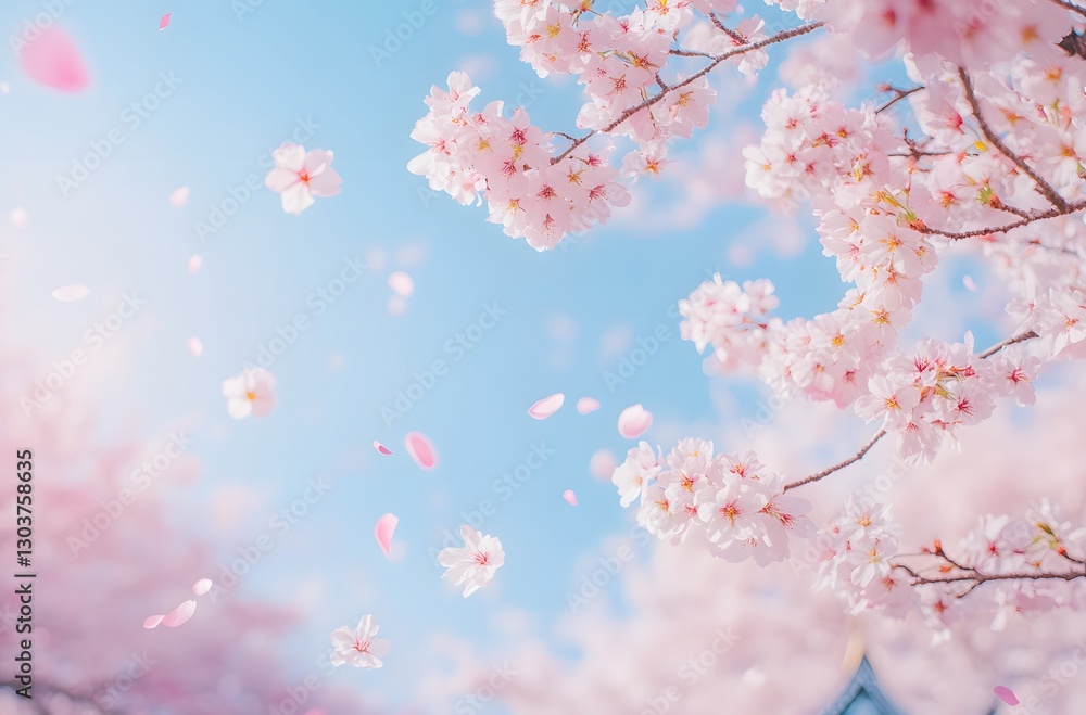 Fototapeta premium Delicate Pink Cherry Blossoms Falling Gently Against a Blue Sky