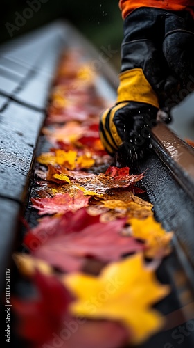Cleaning Leaves from Gutter on Home, Autumn