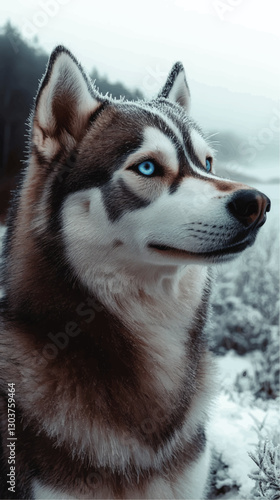 Stunning Vector Art of Siberian Husky with Striking Blue Eyes in a Serene Snowy Forest Setting Capturing the Essence of Winter Wilderness and Canine Beauty