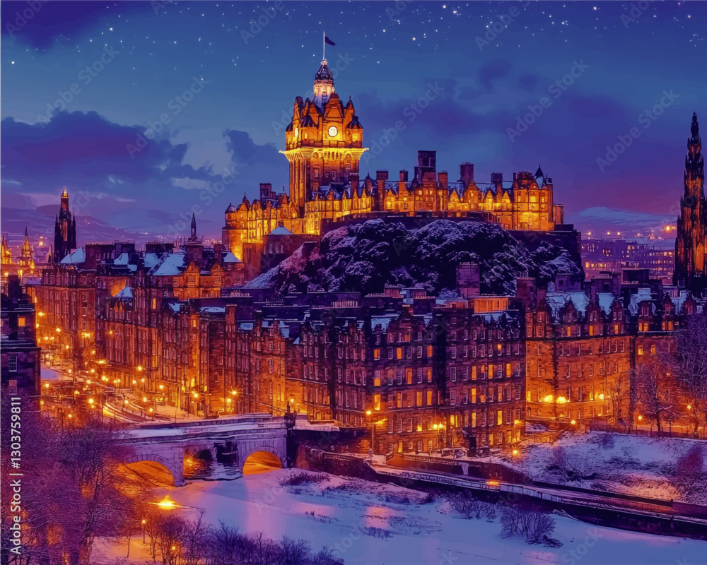 Obraz premium Majestic Winter Evening in Edinburgh: Illuminated Castle, Historic Streets, Snow-Capped Buildings, Skyline, Starry Night in Beautiful Scotland Vector Art