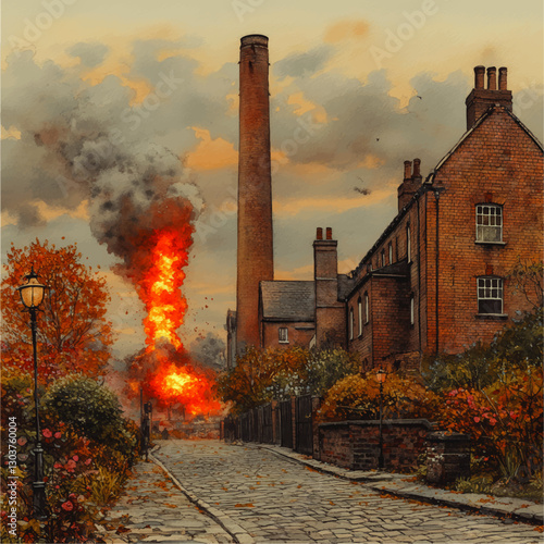Dramatic Vector Illustration of Industrial Urban Scene with Factory Explosion, Smokestack, Autumn Foliage, and Cobblestone Street in Vintage Style