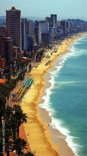 Vibrant Coastal Cityscape with High-Rise Buildings and Sunlit Sandy Beach, Turquoise Ocean Waves Near Palm Trees, Ideal for Tourism and Travel Vector Art