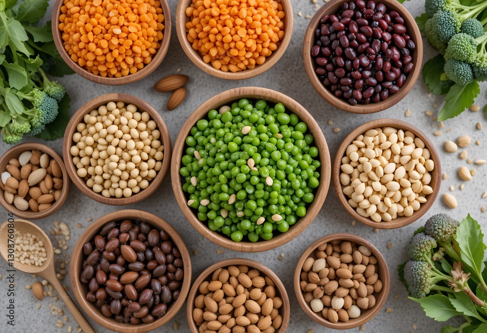 Nutritious Delights. An Overhead View Showcases Legumes And Nuts Artfully Arranged In Wooden Bowls. Fresh Broccoli And Greens Enhance This Balanced, Inviting Composition. Food Photography. Nutritious Delights. An Overhead View Showcases Legumes And Nuts Artfully Arranged In Wooden Bowls. Fresh Broccoli And Greens Enhance This Balanced, Inviting Composition. Food Photography.