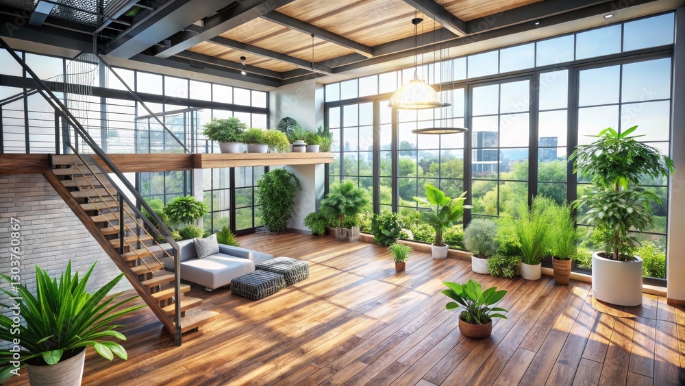 Modern Contemporary Loft with Plants in an Empty Room - Drone Photography for Stock Image Needs Modern Contemporary Loft with Plants in an Empty Room - Drone Photography for Stock Image Needs