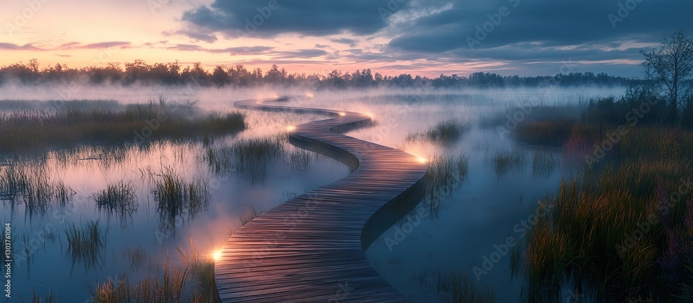 Obraz premium Boardwalk snaking through a serene wetland, surrounded by mist and glowing softly under a moody twilight sky.