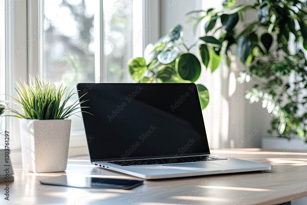 Laptop computer on a wooden desk near a window with indoor plants in sunlight Laptop computer on a wooden desk near a window with indoor plants in sunlight