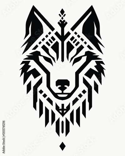 Geometric tribal wolf head vector illustration with symmetrical black patterns. Background and wolf head on separate layers.