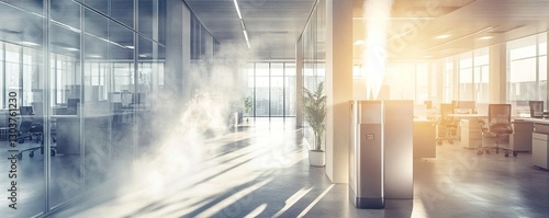 An industrial water cooler in a bright office space, with cool mist rising into the air, surrounded by glass walls and natural light