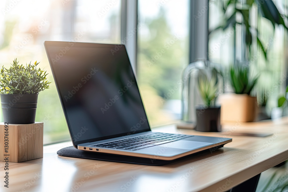 Modern Laptop on Wooden Desk Near Window with Plants Modern Laptop on Wooden Desk Near Window with Plants