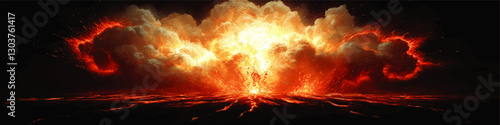 Dramatic Volcanic Eruption Vector Art: Explosive Fire and Weltering Lava Cloudscape in Vivid Colors - Perfect for Dynamic Natural Disaster and Fiery Landscape Designs